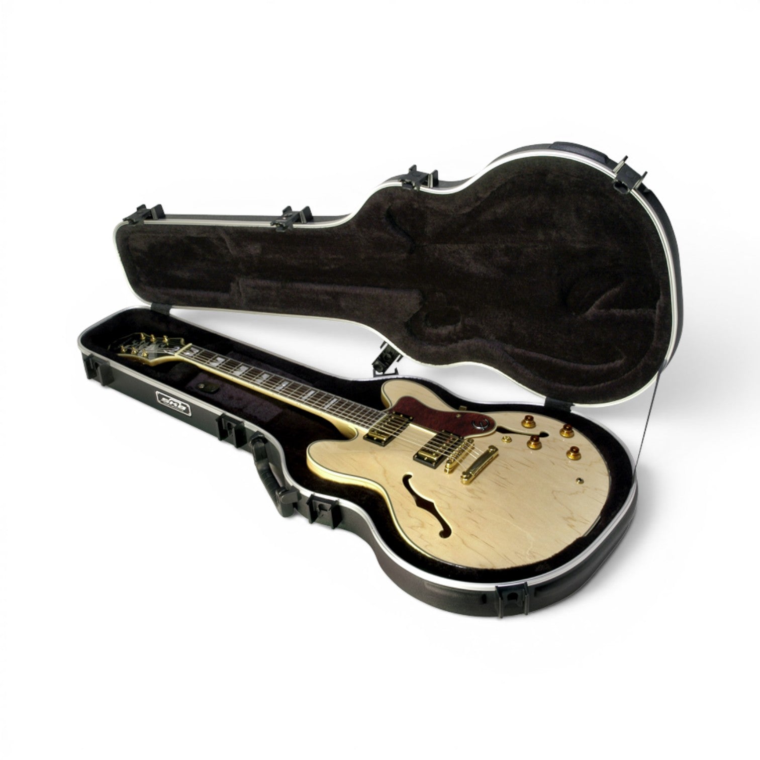 Thin Body Guitar Case - Semi-Hollow Guitar Case with plush interior securely holding a 335 style electric guitar, ideal for travel protection.