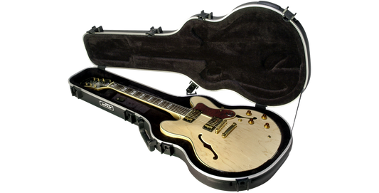 Thin Body Guitar Case - Semi-Hollow Guitar Case with plush interior securely holding a 335 style electric guitar, ideal for travel protection.
