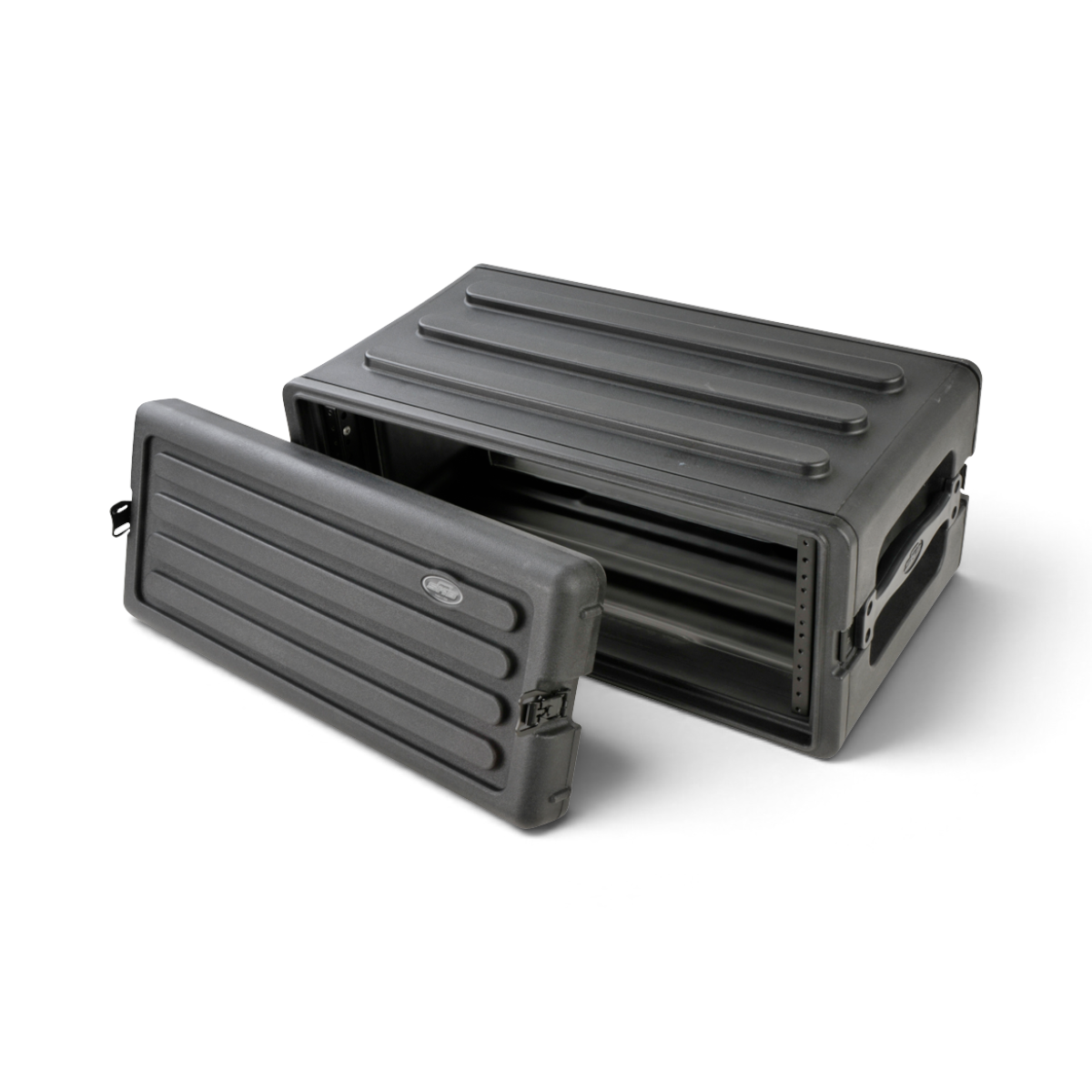 4U Shallow Rack Case - Durable Equipment Storage with front lid removed, showing internal rack space and molded construction.