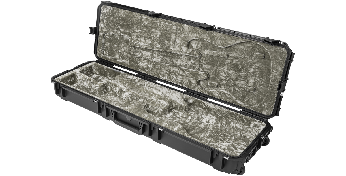 Empty Waterproof Bass Guitar Case with contoured plush interior designed to fit Precision and Jazz bass guitars securely and safely.