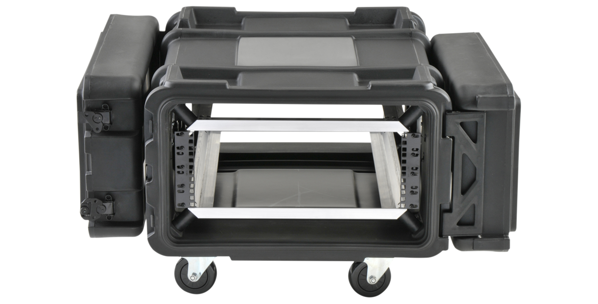 Interior view of 4U 28-Inch rSeries Shock Rack with adjustable depth rails and shock-mounted frame for secure server and accessory installation.