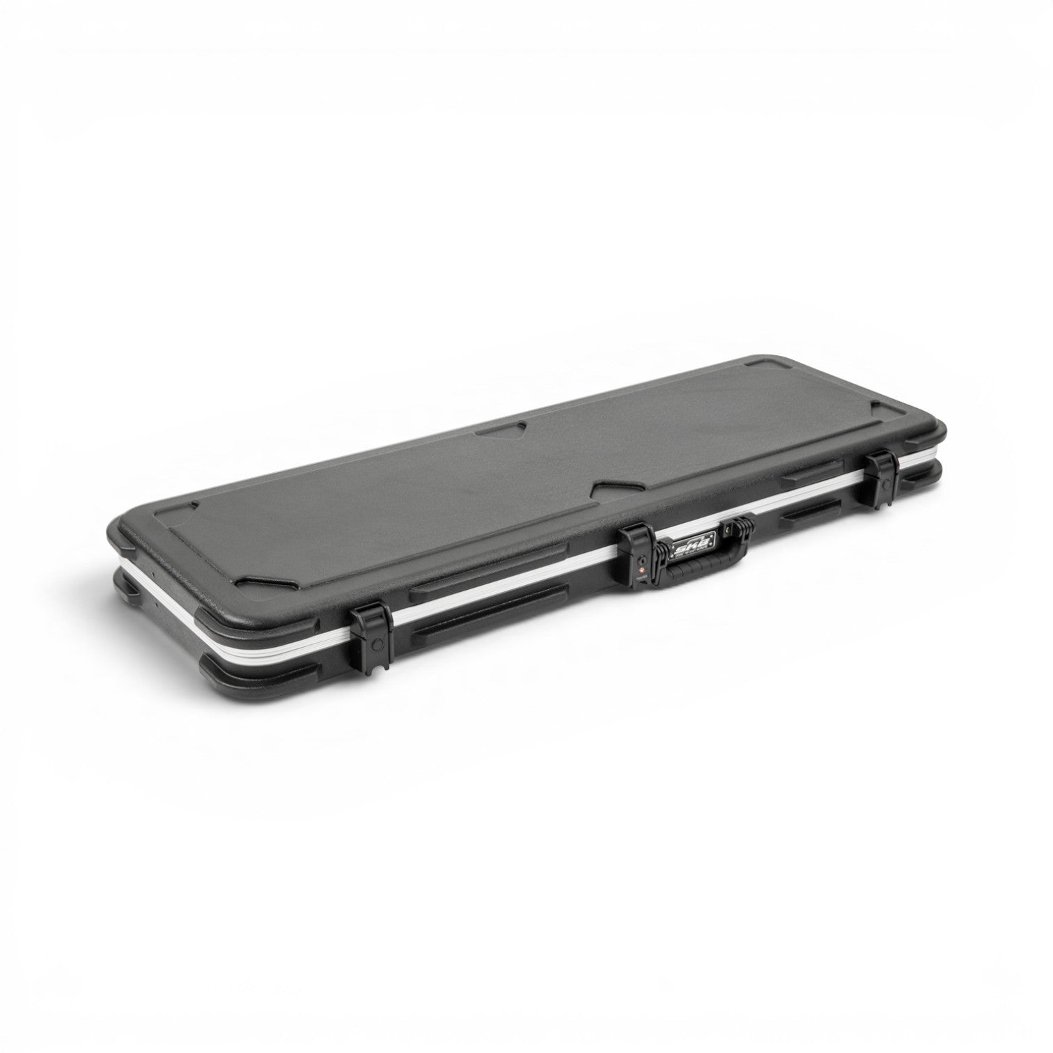 Universal Electric Bass Guitar Case with reinforced edges and TSA latches, angled view of the closed hard shell exterior.