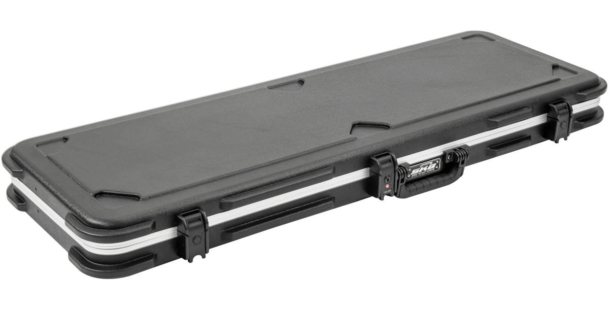 Universal Electric Bass Guitar Case with reinforced edges and TSA latches, angled view of the closed hard shell exterior.