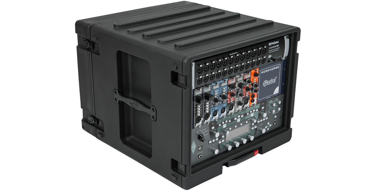 Angled front view of 8U SKB Rolling Rack loaded with audio equipment, emphasizing its rugged design and easy-access front panel.