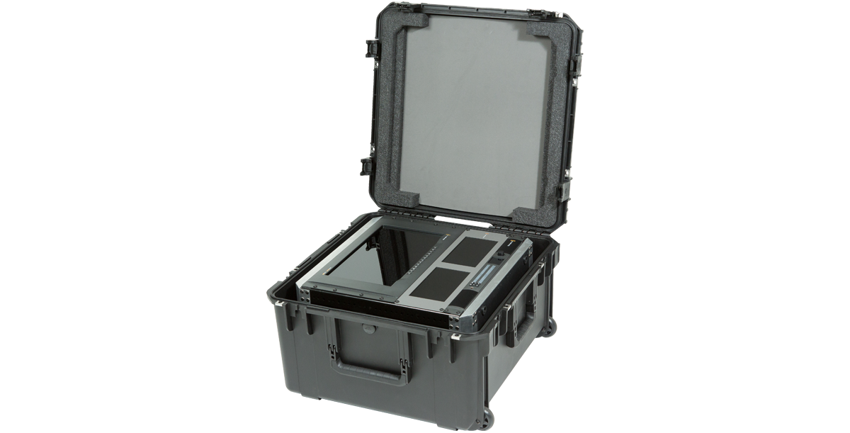 Angled view of 10U Shock Rack iSeries Fly Rack with mounted gear, highlighting compact, protective travel configuration.