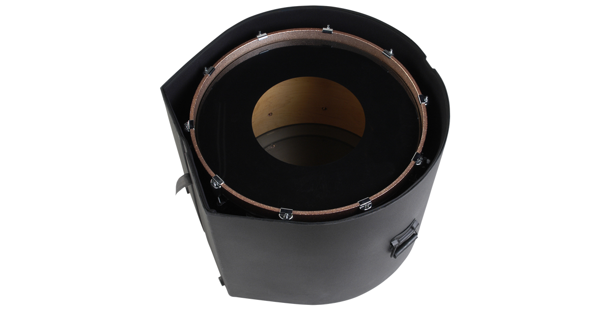 Open Marching Bass Drum Case - Durable Protection | Roto-molded showing padded interior and snug fit for 14x28 drum protection.