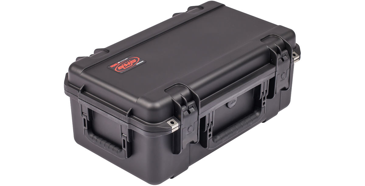 Closed iSeries 2011-8 carry-on case with SKB logo, showing durable latches and molded handle. Waterproof and dust-tight for secure transport.