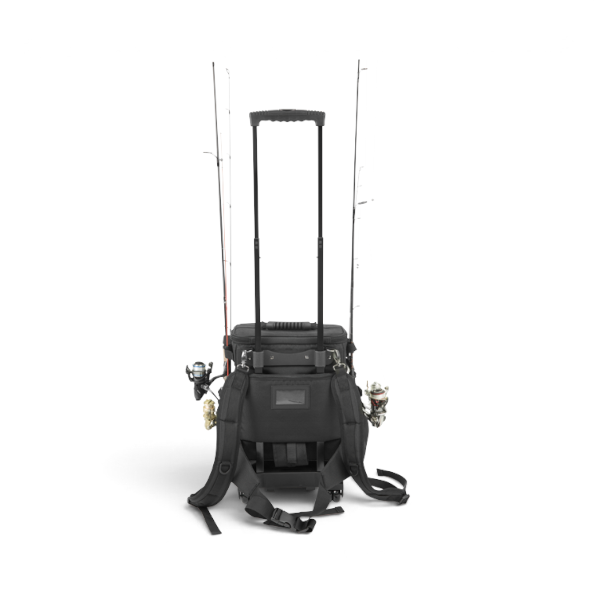 SKB Cases Tak-Pak black fishing tackle backpack with wheels, retractable handle, and fishing rods attached
