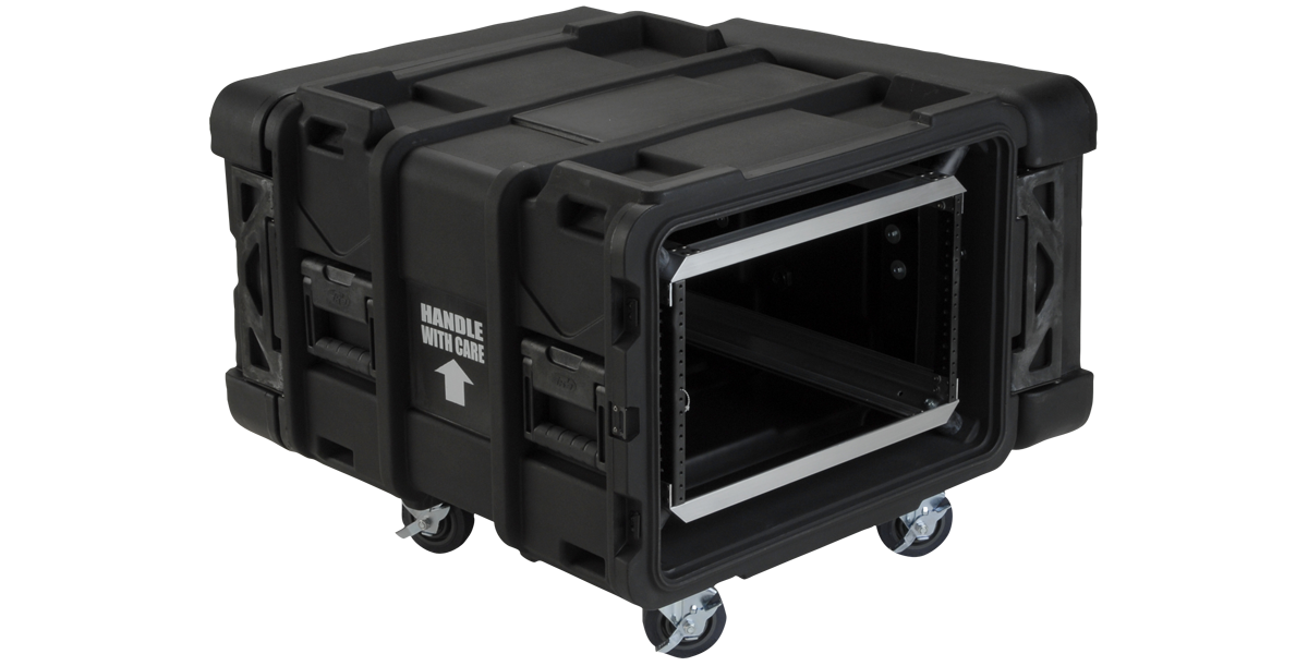 Angled view of 6U Shock Rack - 24-inch rSeries with open front panel and mounted rails, built for portable and secure equipment deployment.