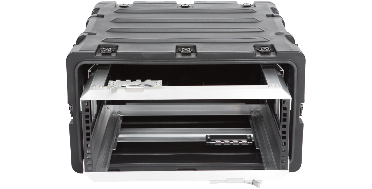 Front view of 4U Shock Rack Case - 20-Inch showing internal aluminum frame for secure electronics mounting, ideal for shockproof transport.