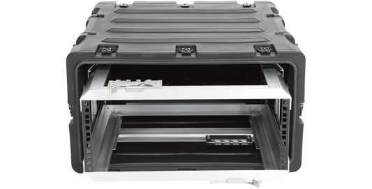 Front view of 4U Shock Rack Case - 20-Inch showing internal aluminum frame for secure electronics mounting, ideal for shockproof transport.