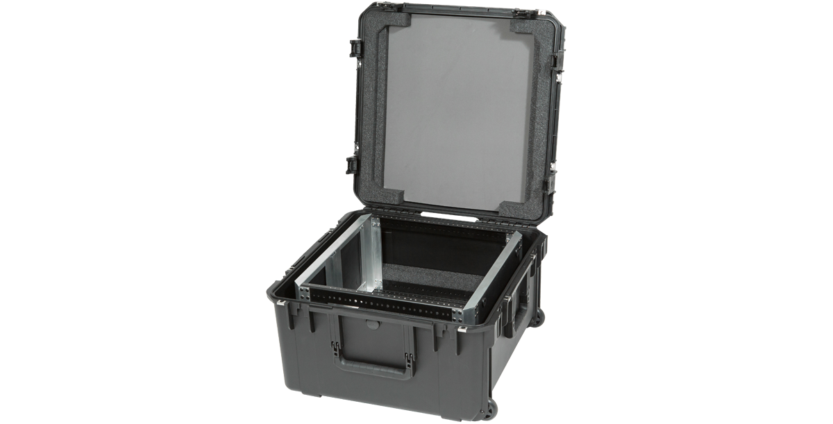 Angled view of open 10U Shock Rack iSeries Fly Rack, displaying reinforced corners and TSA-approved locking latches.