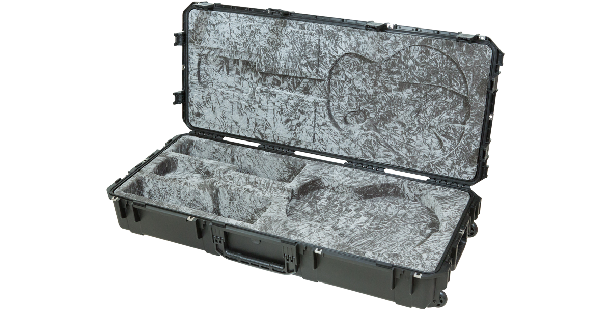 Angled view of open iSeries 335 Guitar Case without guitar, revealing contoured interior for secure fit and military-grade durability.