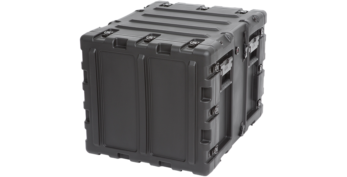 Angled rear view of 20-inch shock rack case with molded shell and secure latches for protecting sensitive equipment on the go.