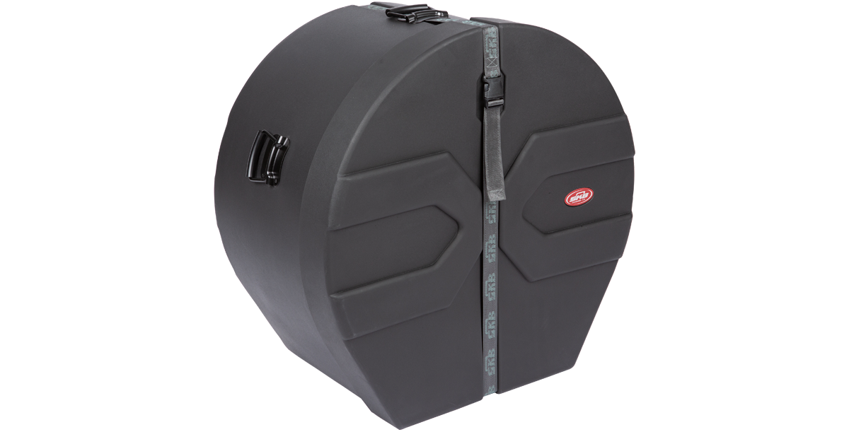 Side angle of 14x26 Roto-X drum case with padded interior and heavy-duty strap, built for marching band bass drum transport and storage.