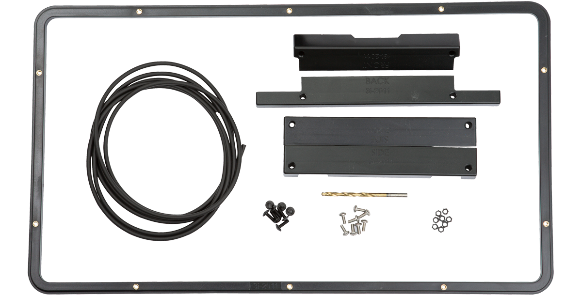 iSeries Panel Mount Kit for 3i-2011 cases includes gasket, drill bit, mounting hardware, and panel brackets for secure flush installation.