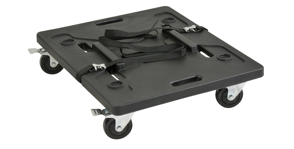 Shockmount Caster Kit - Roto Caster with locking wheels and molded board for transporting 20" SKB Shock Racks. Includes straps for secure stacking.