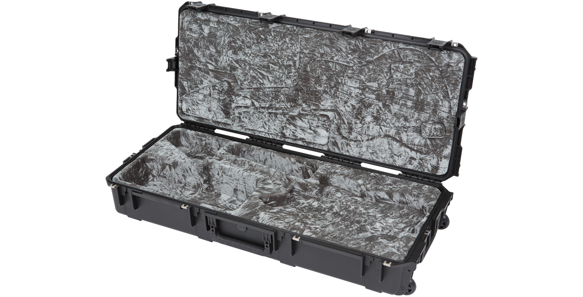 Open SKB iSeries waterproof case for Jaguar Jazzmaster guitars, showing rugged build and molded interior for shock-resistant protection.