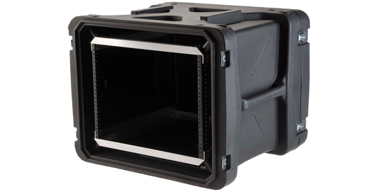Angled front view of 20-inch rSeries Shock Rack with open front panel and reinforced corners for mounting sensitive IT or audio gear.