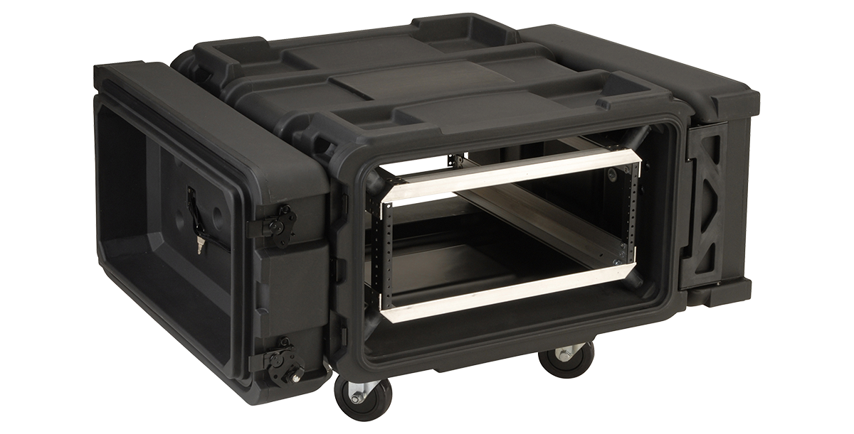 Empty 24 inch deep shock rack with roto-molded shell and aluminum frame, designed for secure transport of servers and pro audio gear.