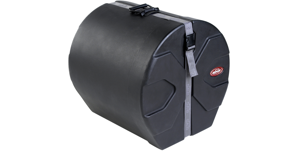 Angled view of 16 x 16 roto-molded drum case with rugged exterior and locking strap, designed for stacking and durability.