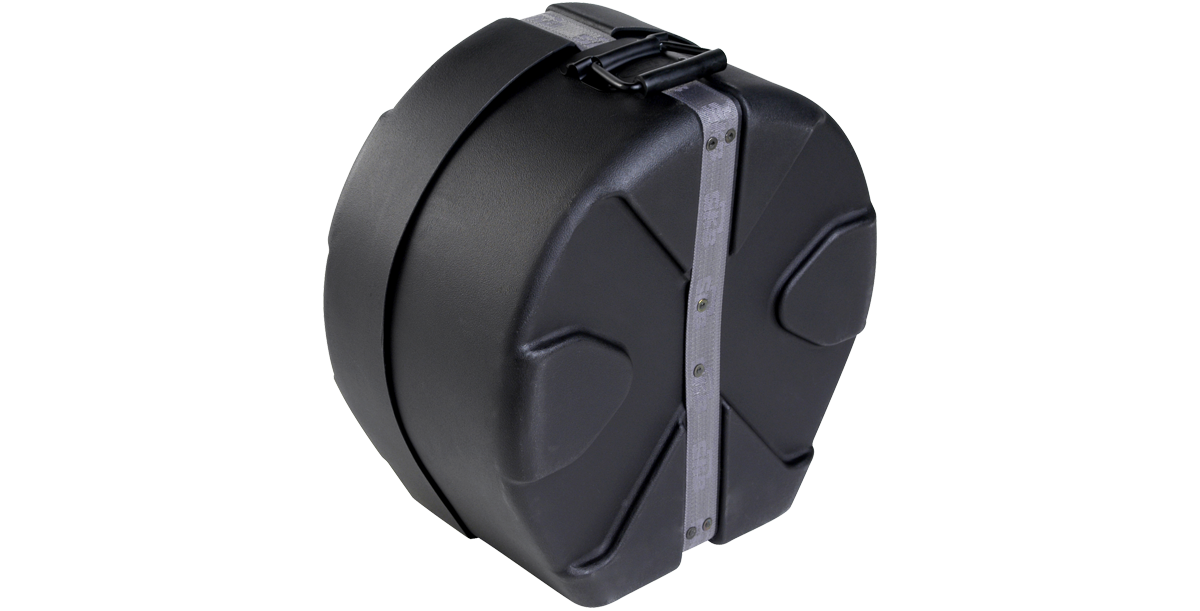 Angled side view of 6.5 x 14 Snare Case showing rugged roto-molded shell and reinforced strap for secure transport.