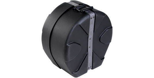 Angled side view of 6.5 x 14 Snare Case showing rugged roto-molded shell and reinforced strap for secure transport.