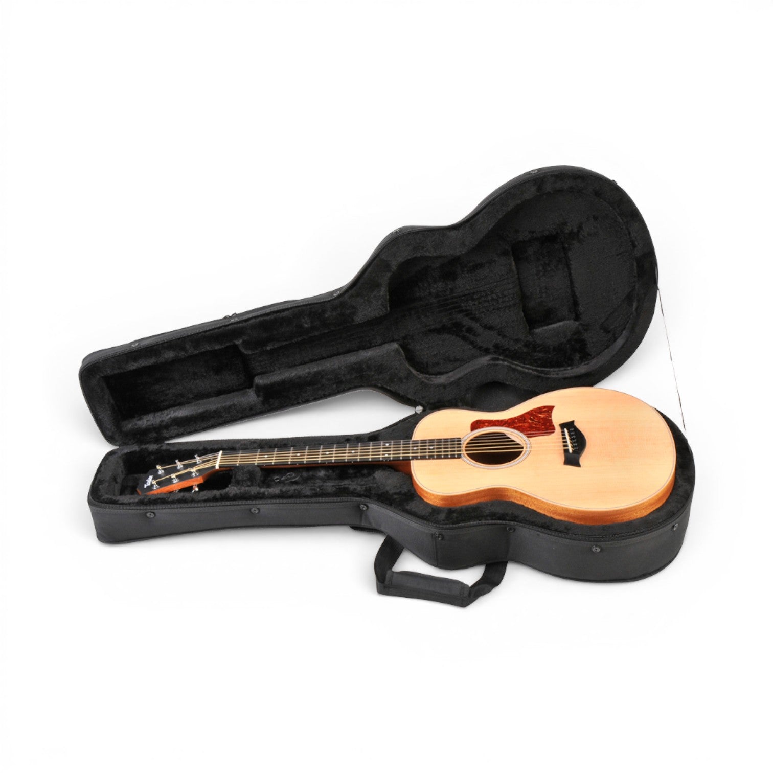 Lightweight protective case for GS Mini with Taylor GS Mini guitar, showcasing padded interior and contoured design for acoustic guitar safety.