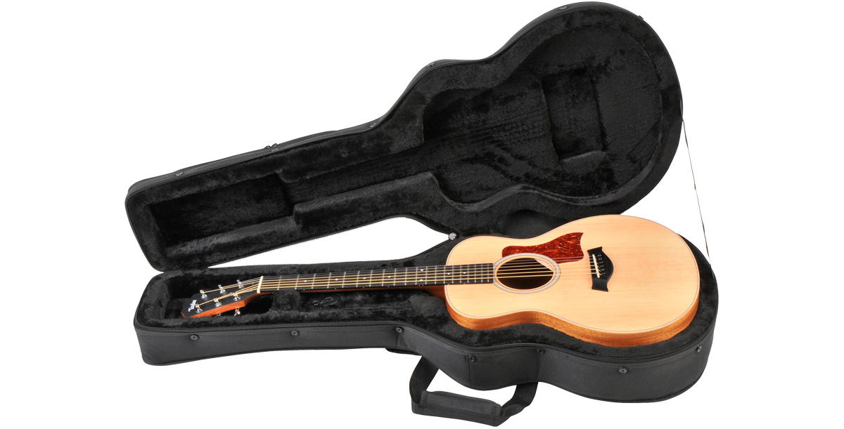 Lightweight protective case for GS Mini with Taylor GS Mini guitar, showcasing padded interior and contoured design for acoustic guitar safety.
