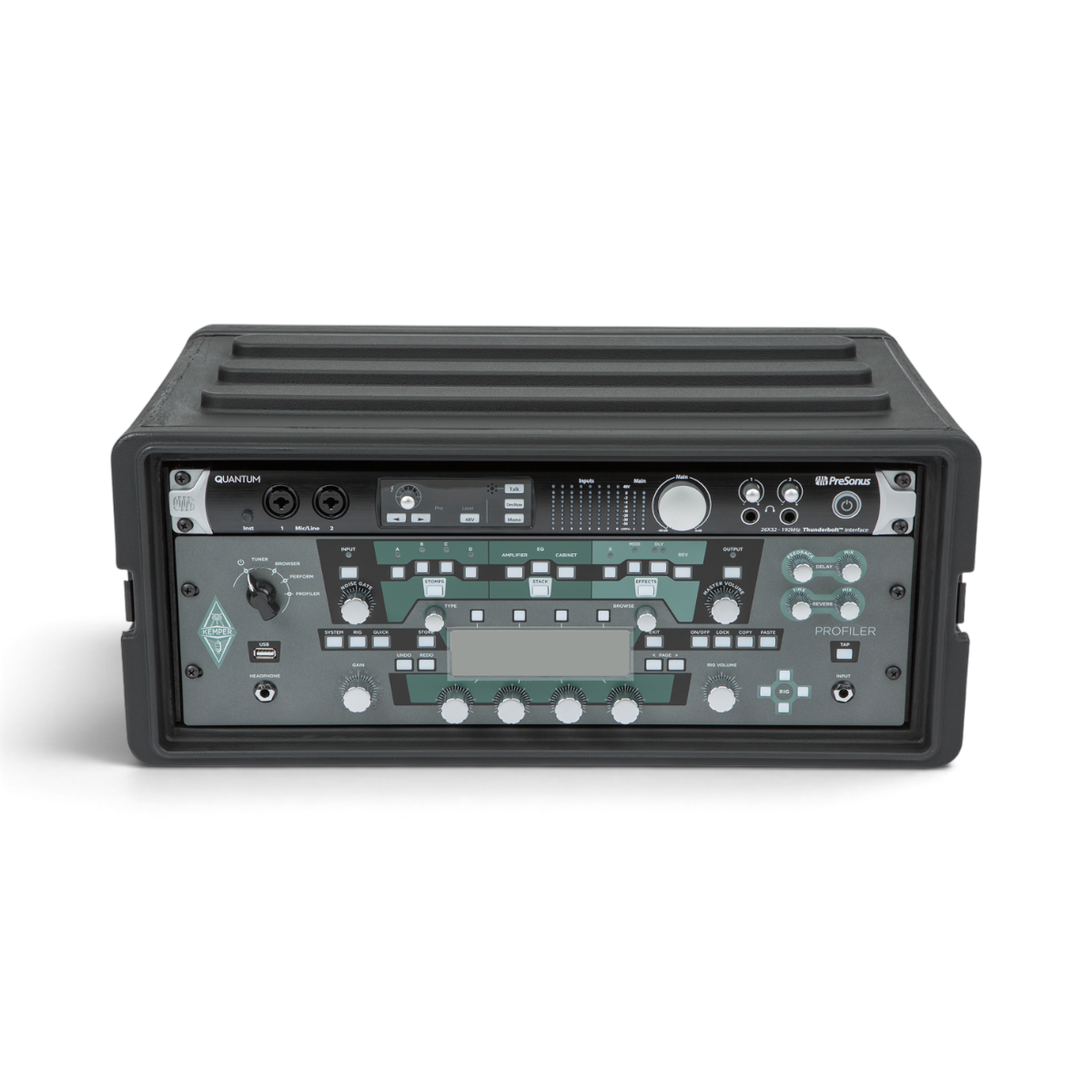 Front view of 4U Shallow Rack Case - Durable Equipment Storage showcasing Kemper Profiler and PreSonus Quantum in a compact rack.