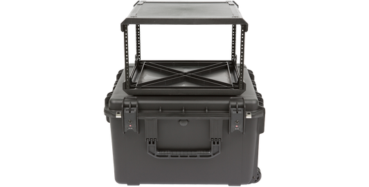 6U SKB Fly Rack Injection Molded - Lightweight, Durable flyRack with open rack frame extended above waterproof rolling case, ideal for air travel.