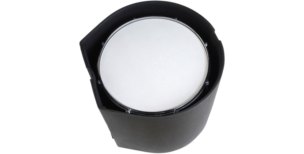 Top-down view of a tom drum inside the 16 x 16 roto-molded drum case, showcasing secure fit and protective interior padding.