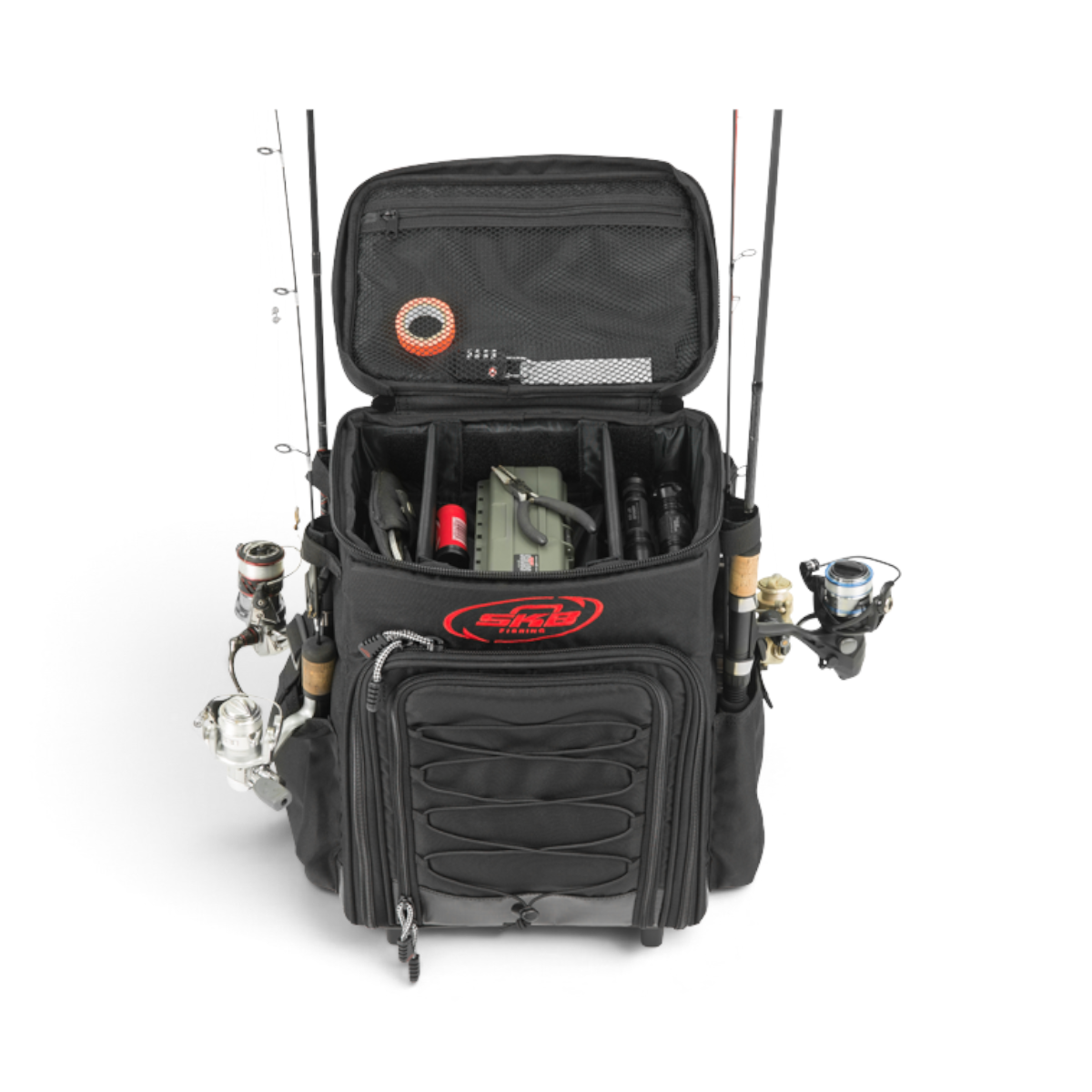 SKB Cases Tak-Pak black fishing backpack with open main compartment, interior shelves, and side rod holders.