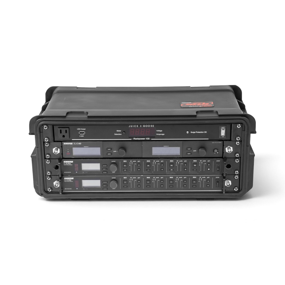 Compact Injection Molded Rack loaded with audio equipment, showcasing 4U rack space and secure fit for pro-audio gear.