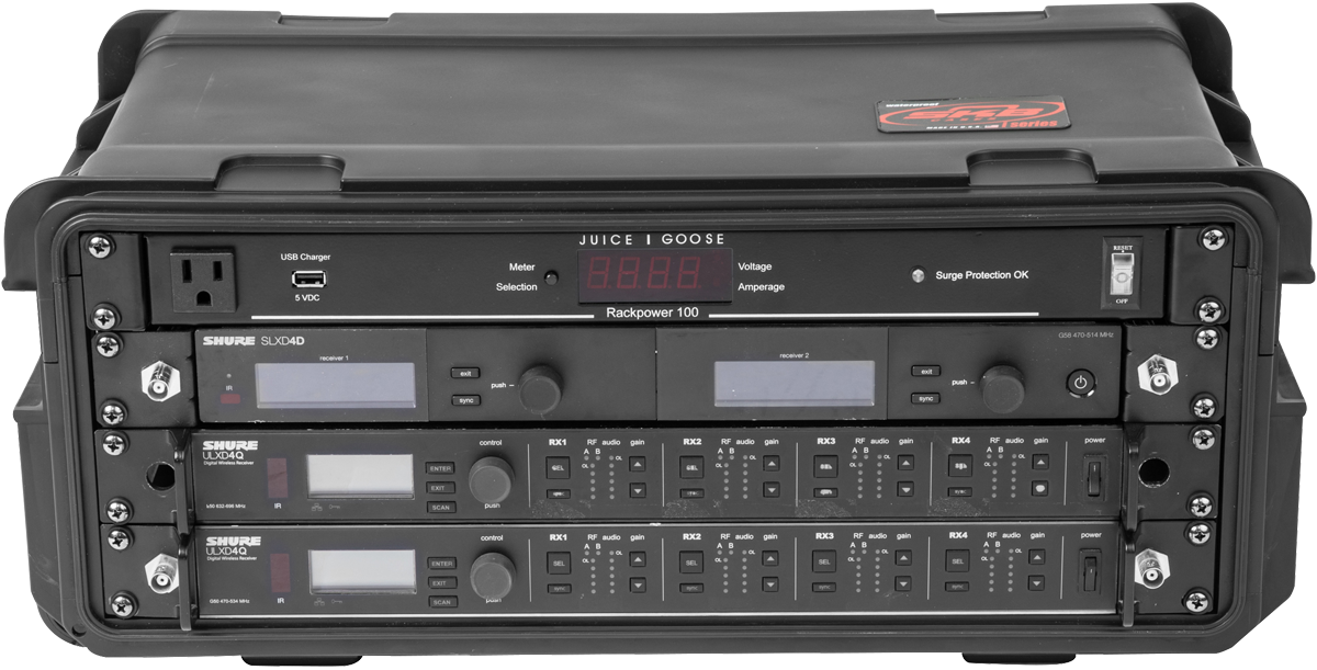 Compact Injection Molded Rack loaded with audio equipment, showcasing 4U rack space and secure fit for pro-audio gear.