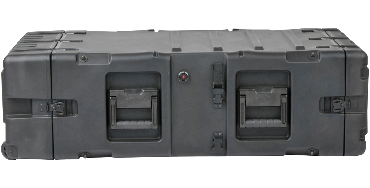 Side view of 4U RR Series Shockproof Rack by SKB, fully closed with secure latches and molded handles for mobility and safety.