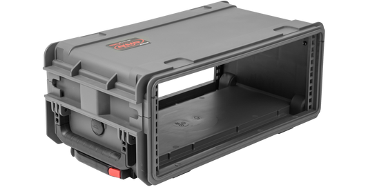 Compact molded rack with wheels, 4U capacity, open front view showing interior rails and durable injection-molded frame for secure gear storage.