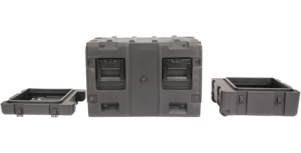 20-inch Shock Rack Case by SKB with both front and rear lids removed, showcasing full access to internal rack system.