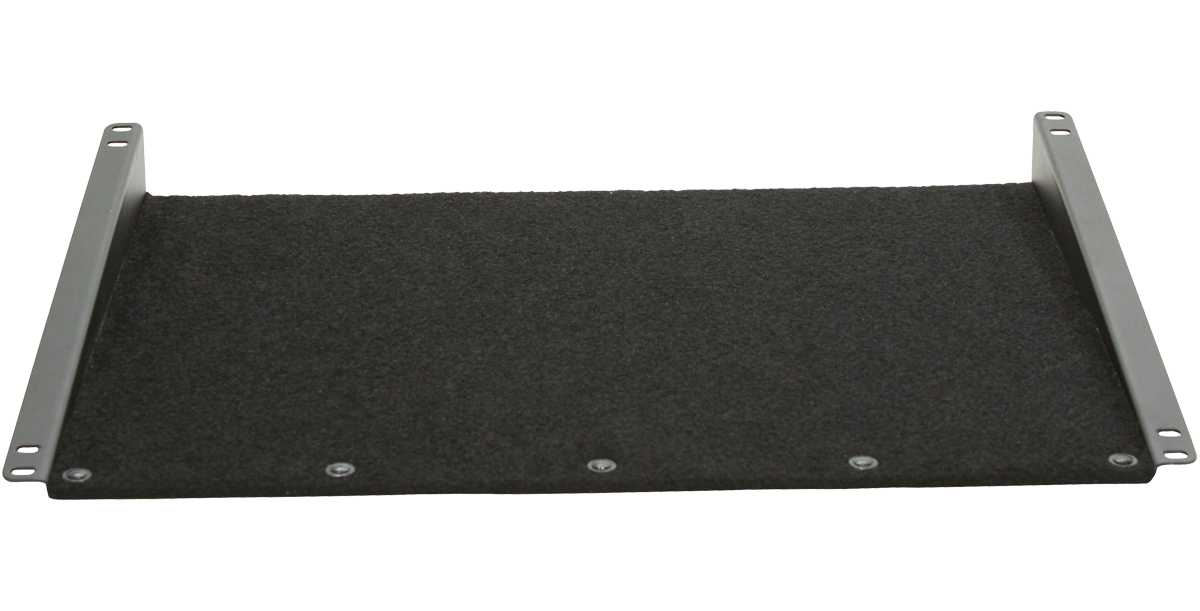 Velcro Rack Shelf for Slant Mount Racks with black hook and loop surface and metal mounting brackets for secure equipment placement.