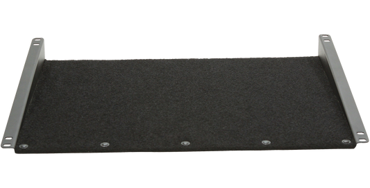 Velcro Rack Shelf for Slant Mount Racks with black hook and loop surface and metal mounting brackets for secure equipment placement.