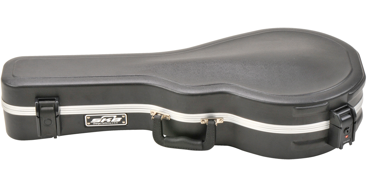 Flat view of closed F Style Mandolin Case with TSA locks and reinforced ABS shell, ideal for Florentine mandolin safety.