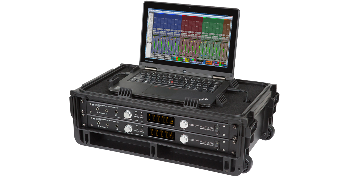 2U Rack Case with mounted audio processors and laptop, showcasing its rugged, travel-friendly design for pro audio use.