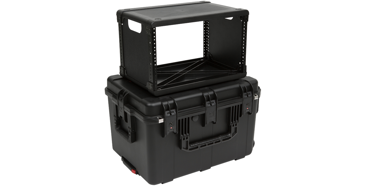 Side view of iSeries Injection Molded Fly Rack - 6U with rack frame placed on rugged rolling case, built for durability and easy mobility.