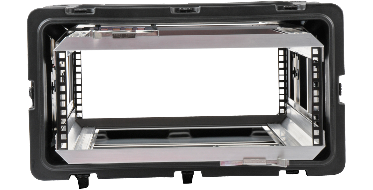Front view of 4U RR Series Shock Rack - 30-inch Deep by SKB with removable aluminum chassis for secure electronic equipment mounting.
