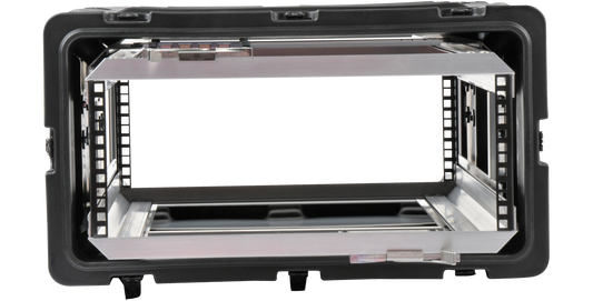 Front view of 4U RR Series Shock Rack - 30-inch Deep by SKB with removable aluminum chassis for secure electronic equipment mounting.