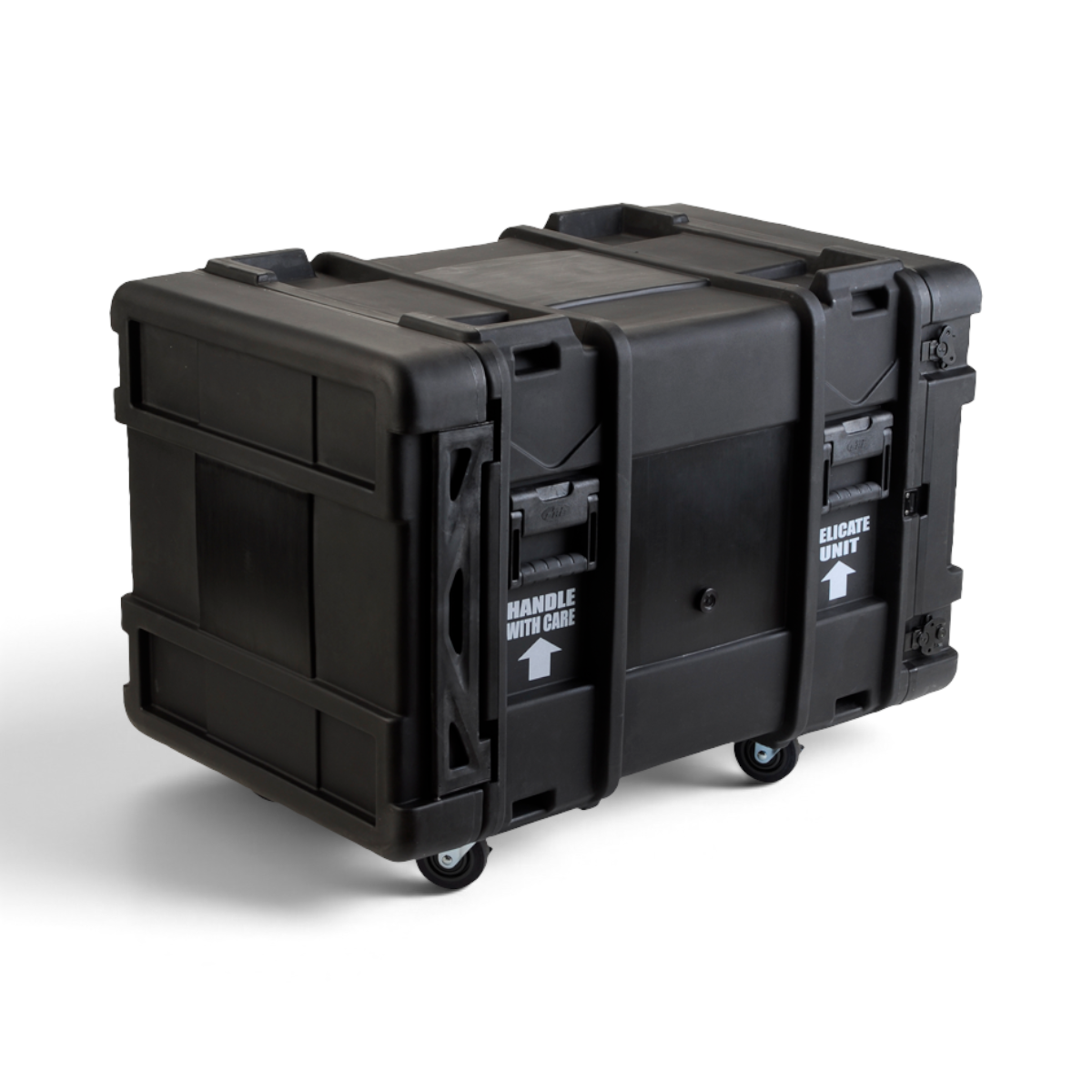 Rear angled view of 28 Inch Shock Rack with ARCS System - 10U, showing rugged construction and transport wheels.