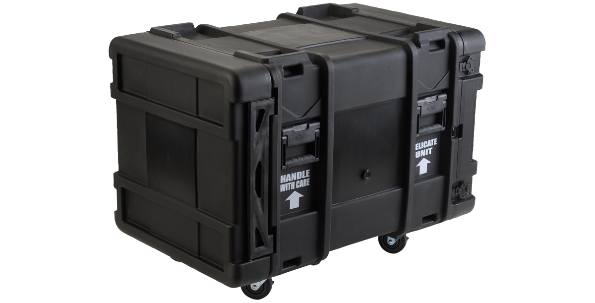Angled rear view of 30-Inch Shock Rack - Durable rSeries Case featuring heavy-duty handles and wheels for secure IT equipment mobility.