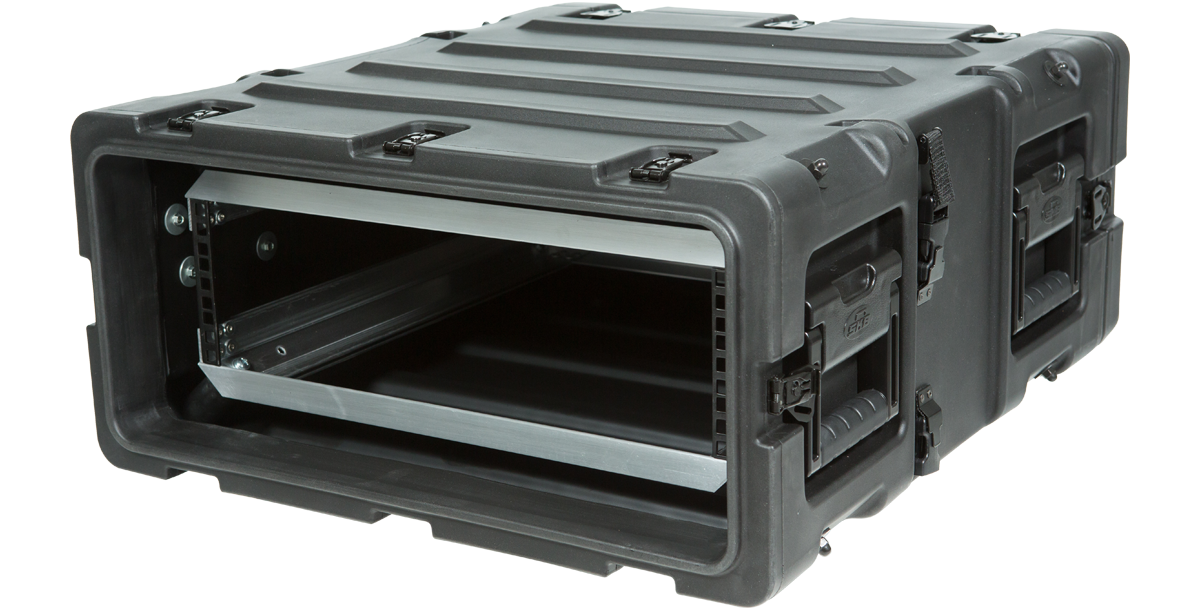 Side angle of 20 inch deep shockproof rack, highlighting rugged construction and lightweight design for electronics transport.