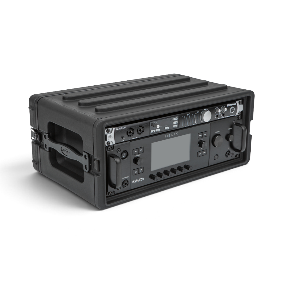 Angled view of 4U Shallow Rack Case - Durable Equipment Storage with Line 6 Helix and PreSonus Quantum securely mounted inside.