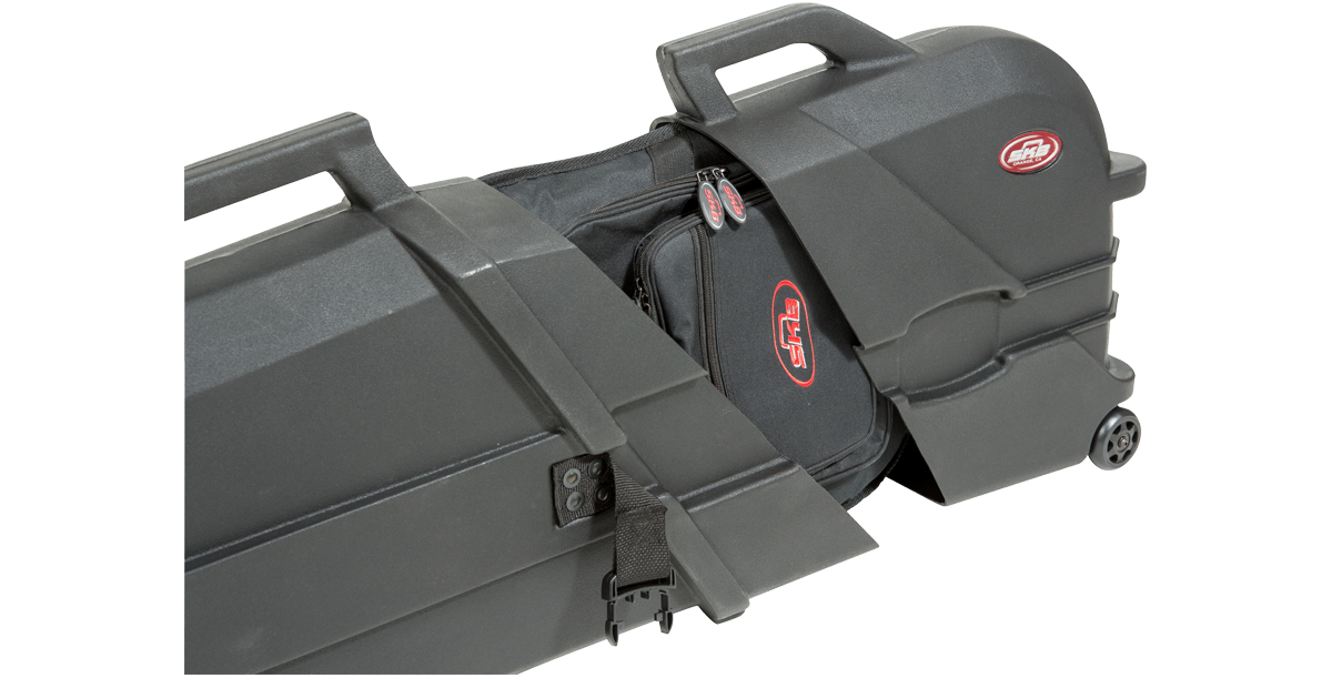 Close-up of ATA Bass Case interior with zippered accessory bag, offering extra storage for music gear during travel.